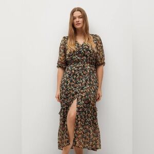 Violeta by Mango Sheer Garden Dress Black Floral Size 22